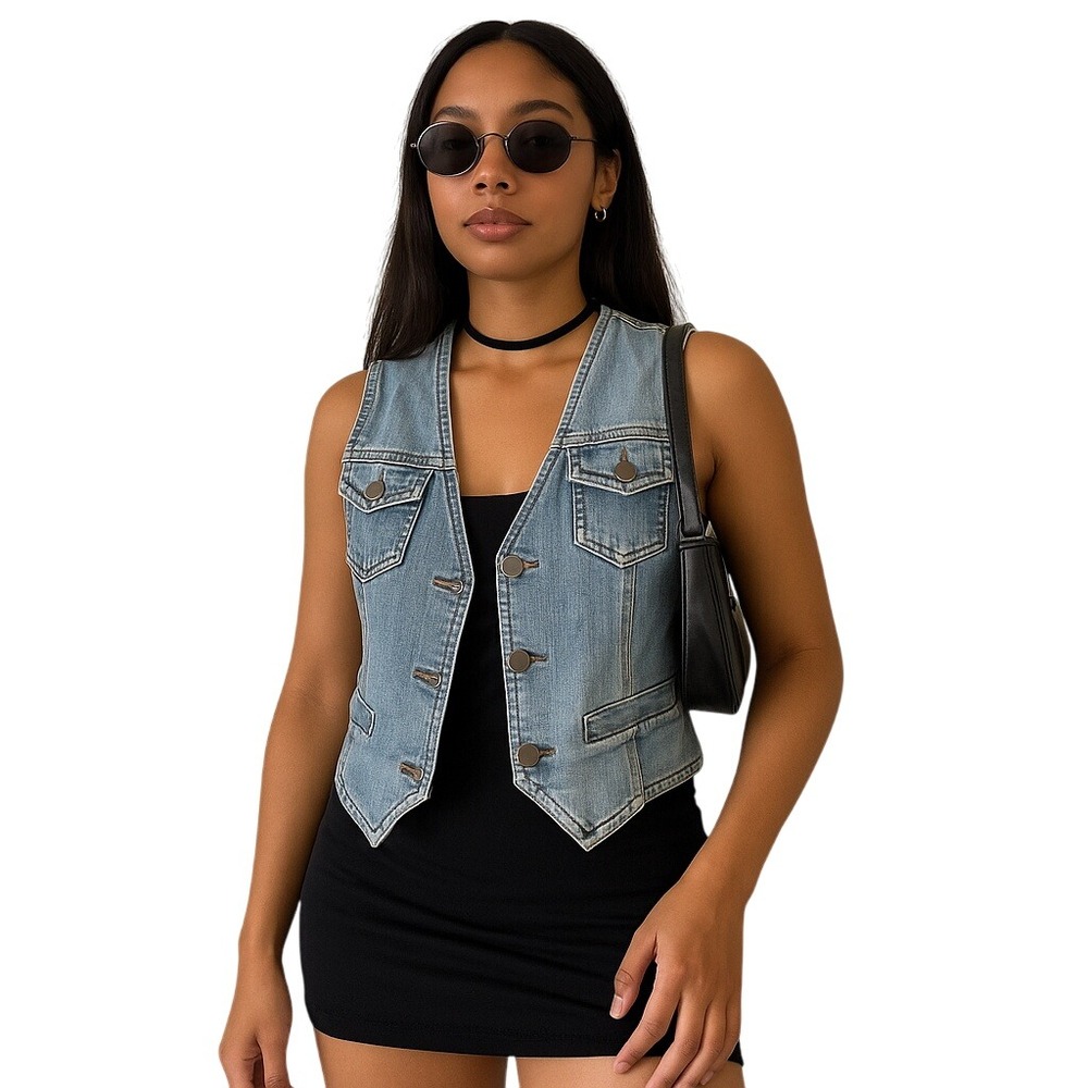 NO BOUNDARIES Y2K Denim Button Front‎ Vest Western Buckle Back